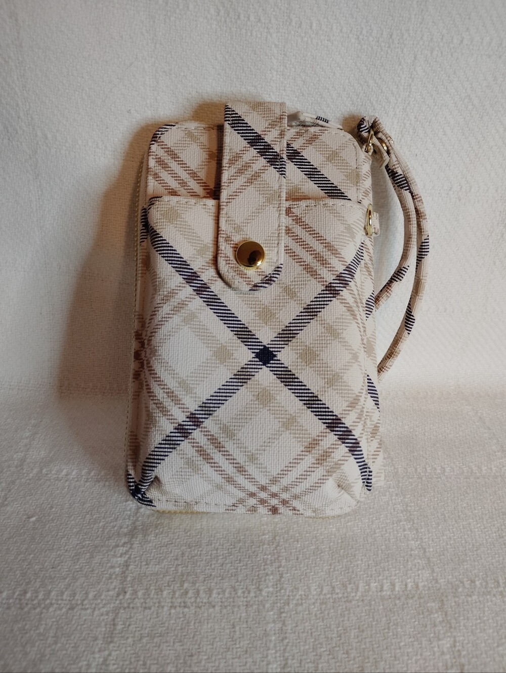 Beige Plaid Wristlet Wallet with Gold Hardware